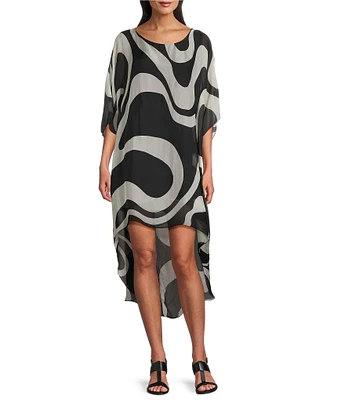 M Made in Italy Crew Neck Elbow Sleeve Silky High-Low Midi Dress