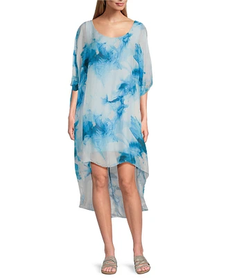 M Made in Italy Crew Neck Elbow Sleeve Tie Dye Silky High Low Midi Dress