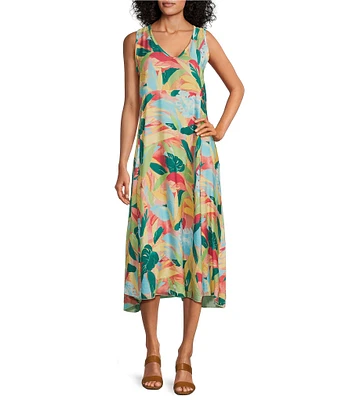 M Made in Italy Jade Tropical Palm Print Crew Neck Sleeveless Shift Dress