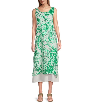 M Made in Italy Linen Paisley Scoop Neck Sleeveless Side Slit Layered Midi Shift Dress