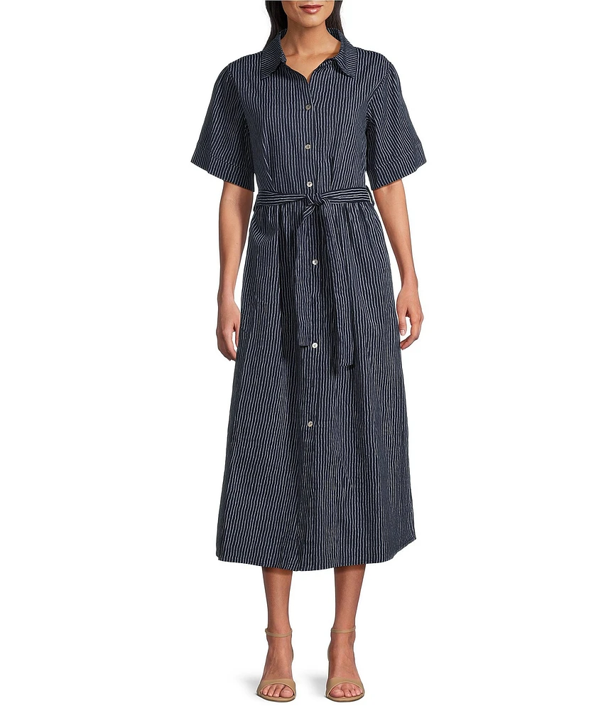 M Made in Italy Pinstriped Stretch Poplin Notch Collar Short Sleeve Self-Belt Midi Shirtdress