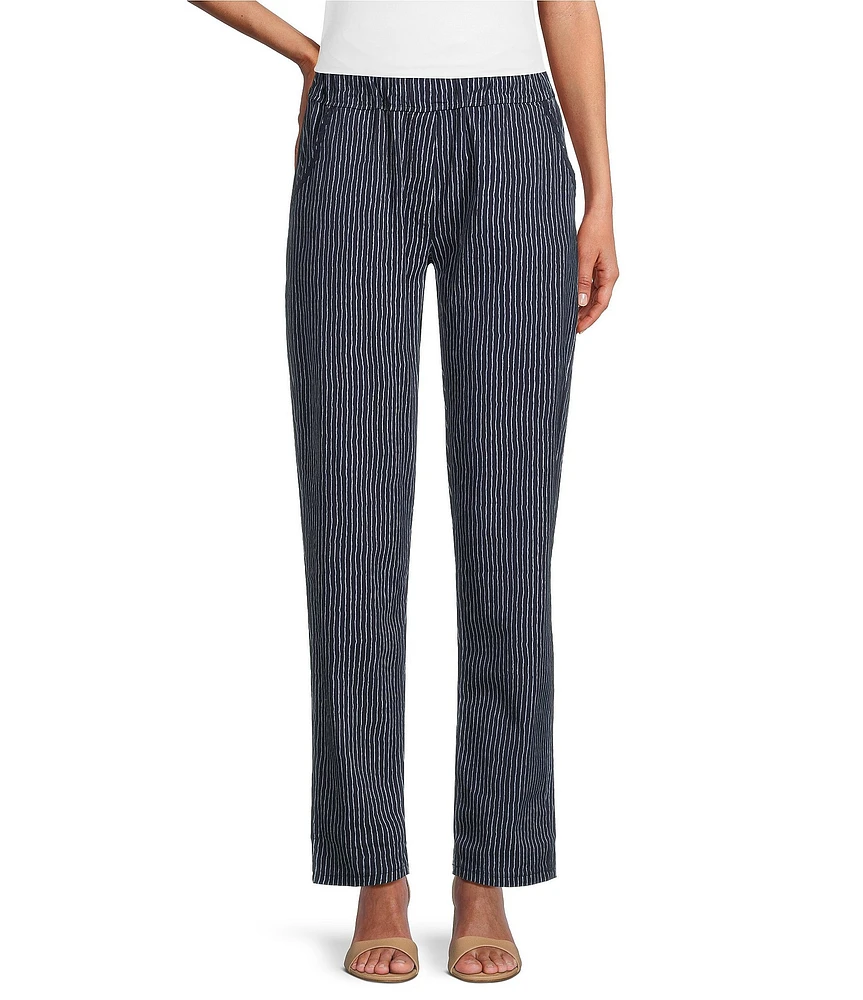 M Made in Italy Pinstriped Stretch Poplin Straight Leg Pull-On Pants