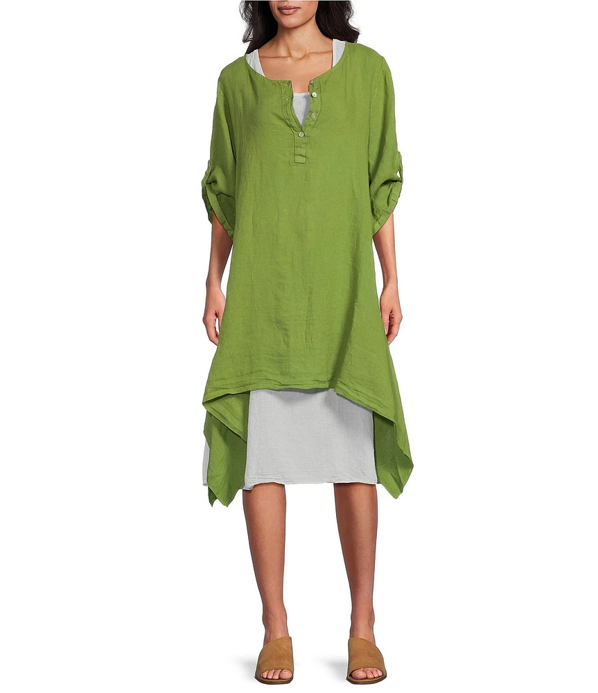 M Made in Italy Round Neckline Short Roll Up Sleeve Midi Dress