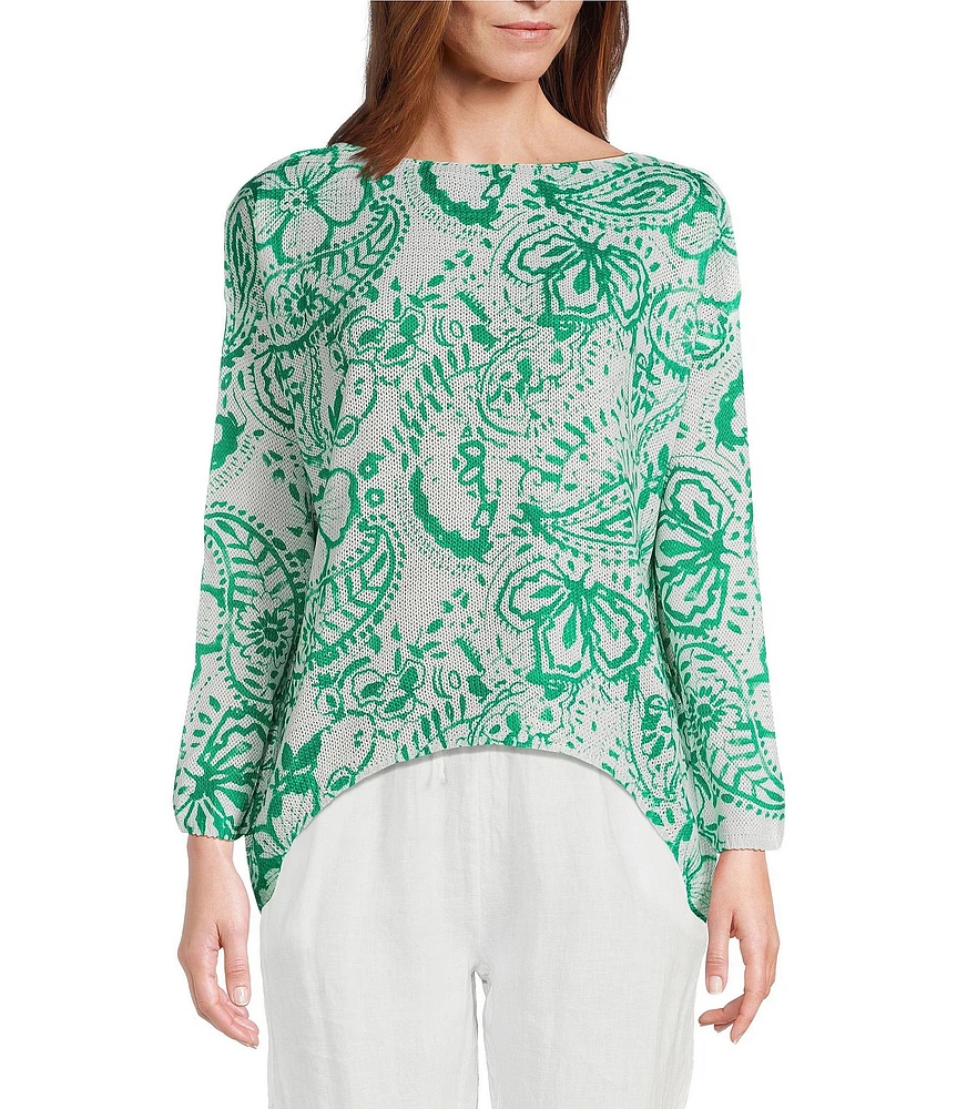 M Made in Italy Scoop Neck Long Sleeve Paisley Print Knit Sweater
