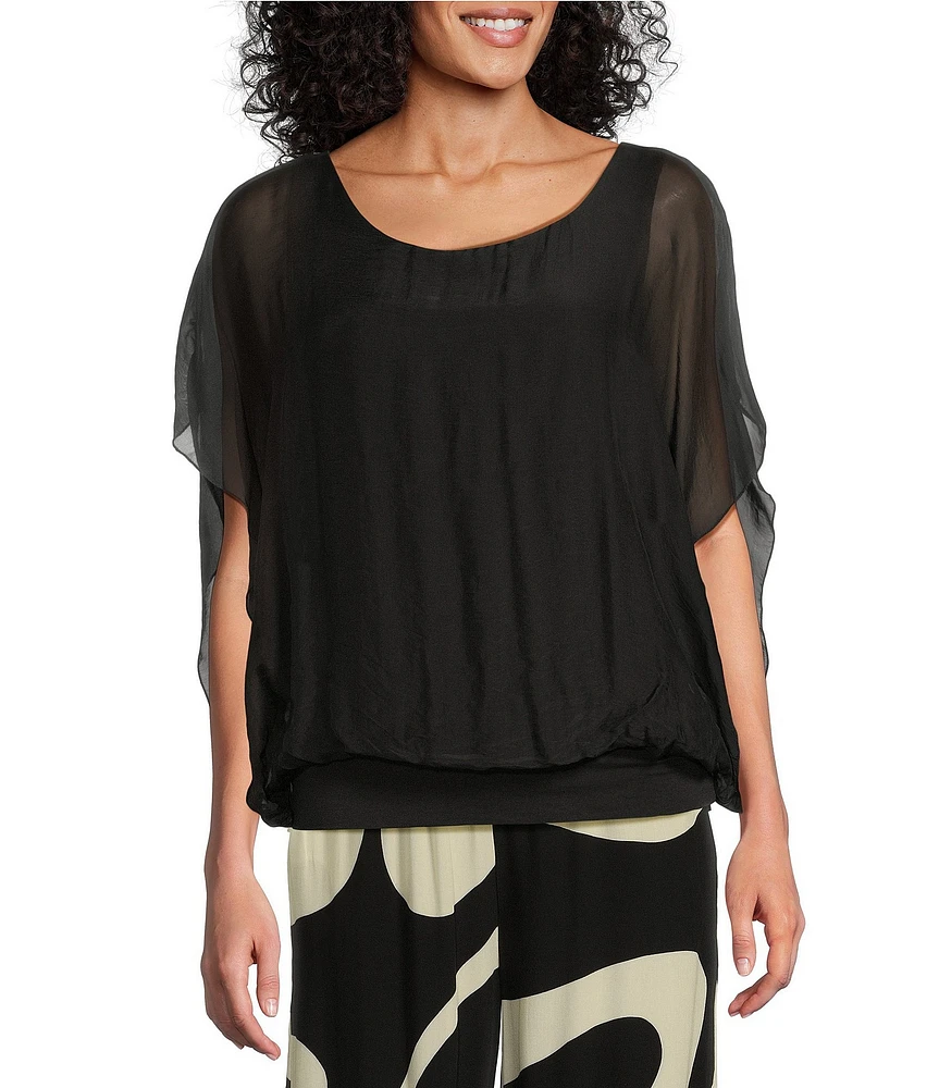 M Made in Italy Silky Crew Neck Short Sleeve Banded Hem Poncho Top