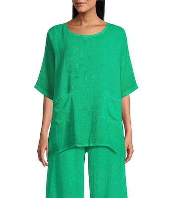 M Made in Italy Textured Linen Blend Elbow Sleeve Oversized Tunic