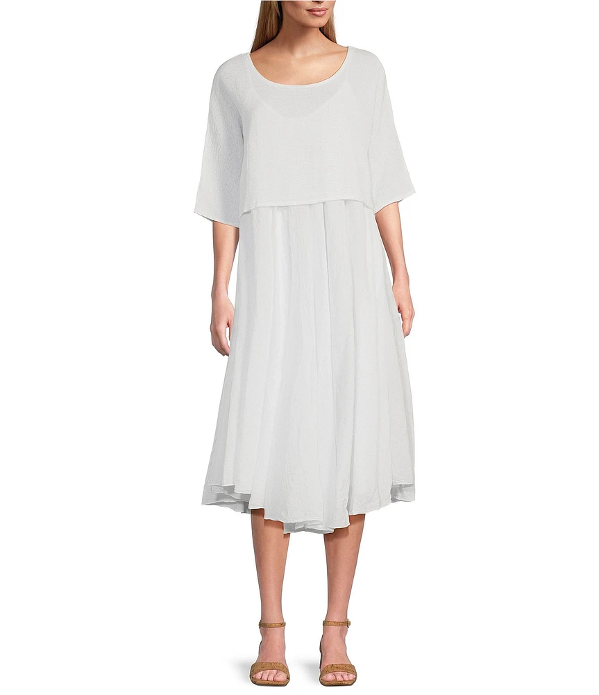 M Made in Italy Two-Piece Crew Neck Elbow Sleeve Crop Top Sun Slip Midi Dress