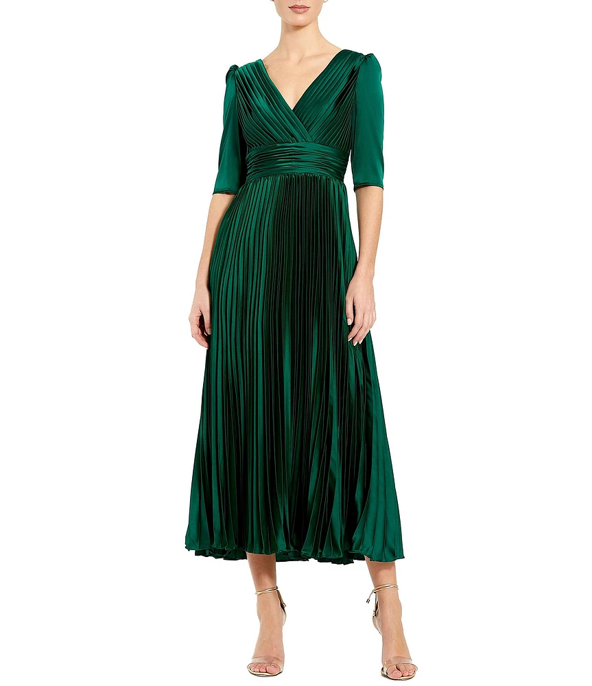 Mac Duggal 3/4 Sleeve V-Neck Pleated Satin Dress
