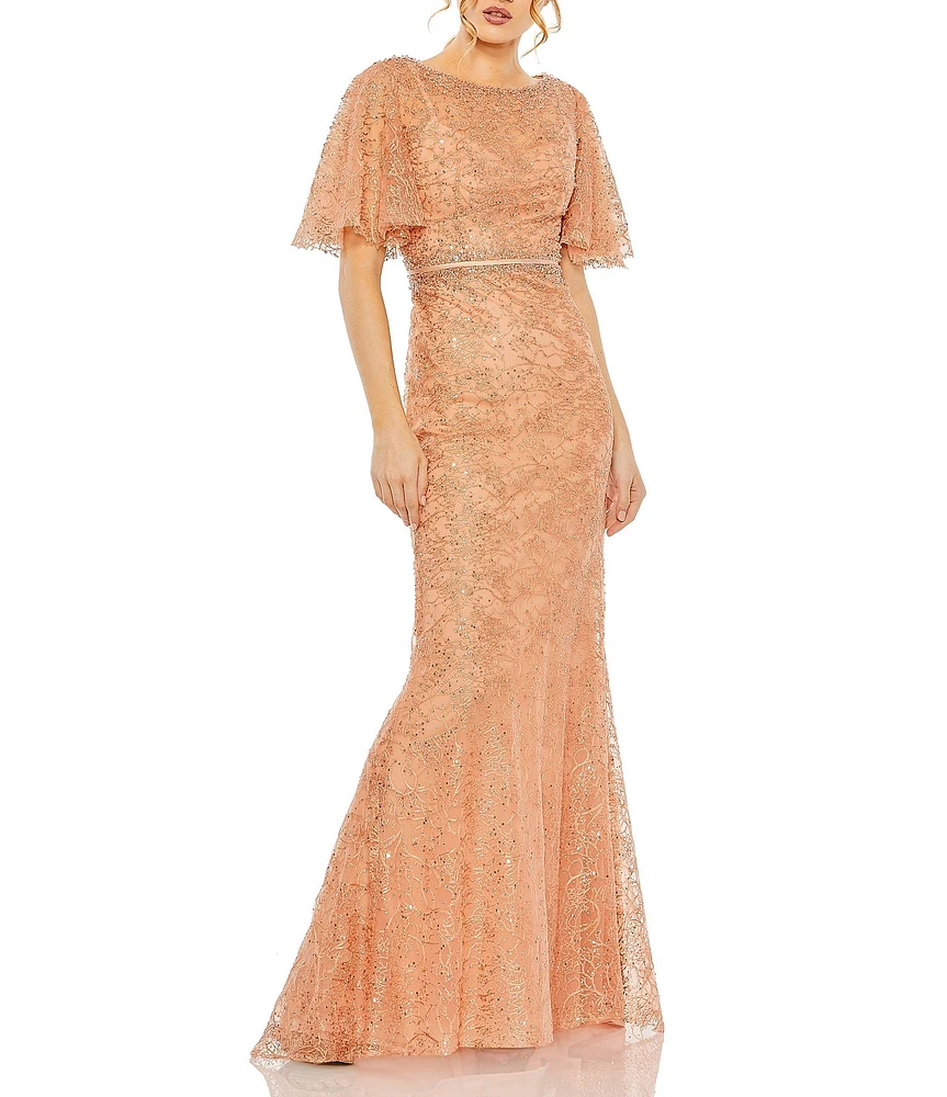 Mac Duggal Beaded Illusion Neckline Short Butterfly Sleeve Gown