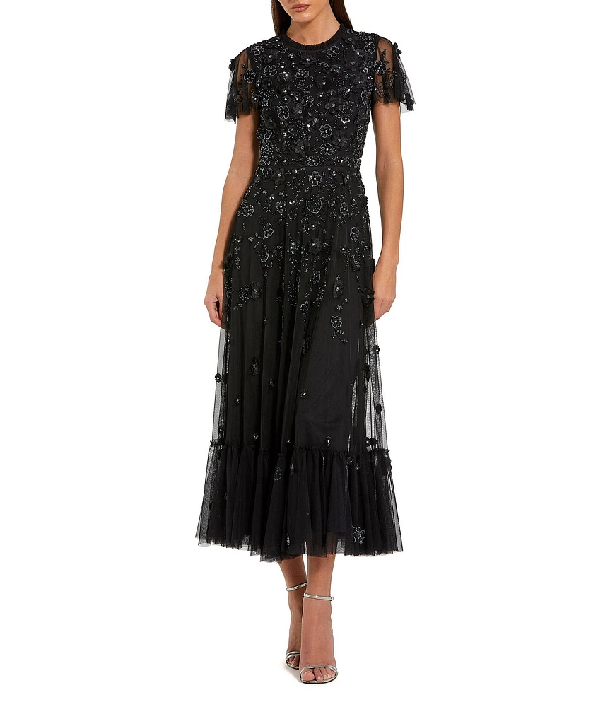 Mac Duggal Beaded Crew Neck Short Sleeve A-Line Midi Dress