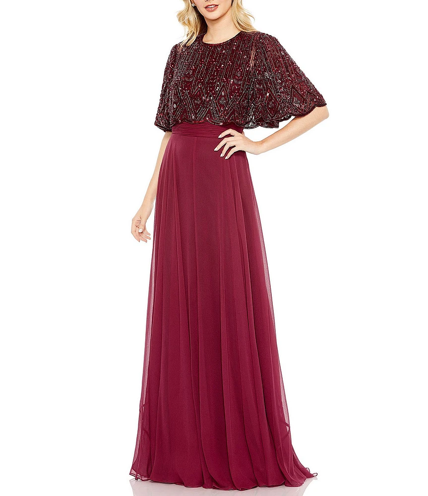 Mac Duggal Beaded Overlay Tulle Crew Neck A-Line Gown