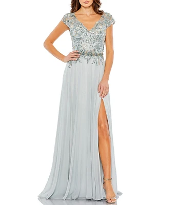 Mac Duggal Beaded V-Neck Cap Sleeve A-Line Gown