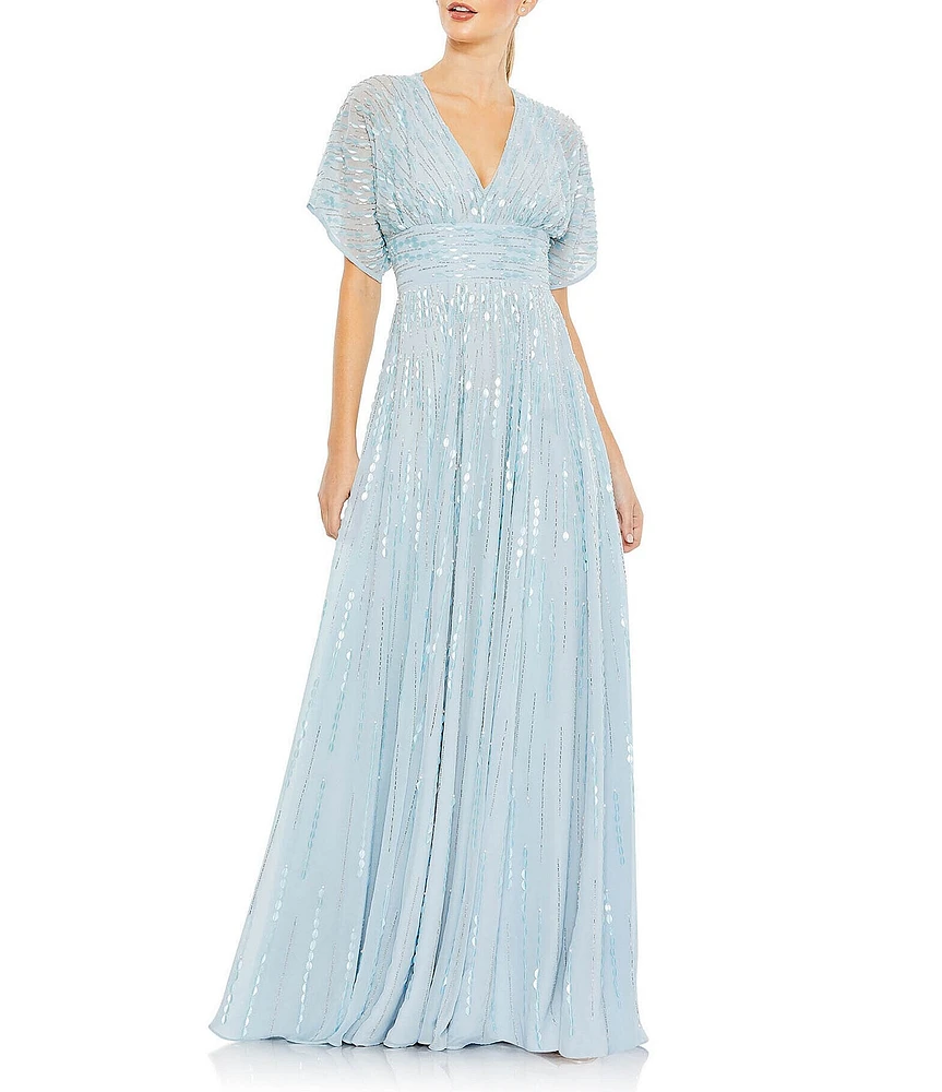 Mac Duggal Beaded V-Neck Short Sleeve Gown