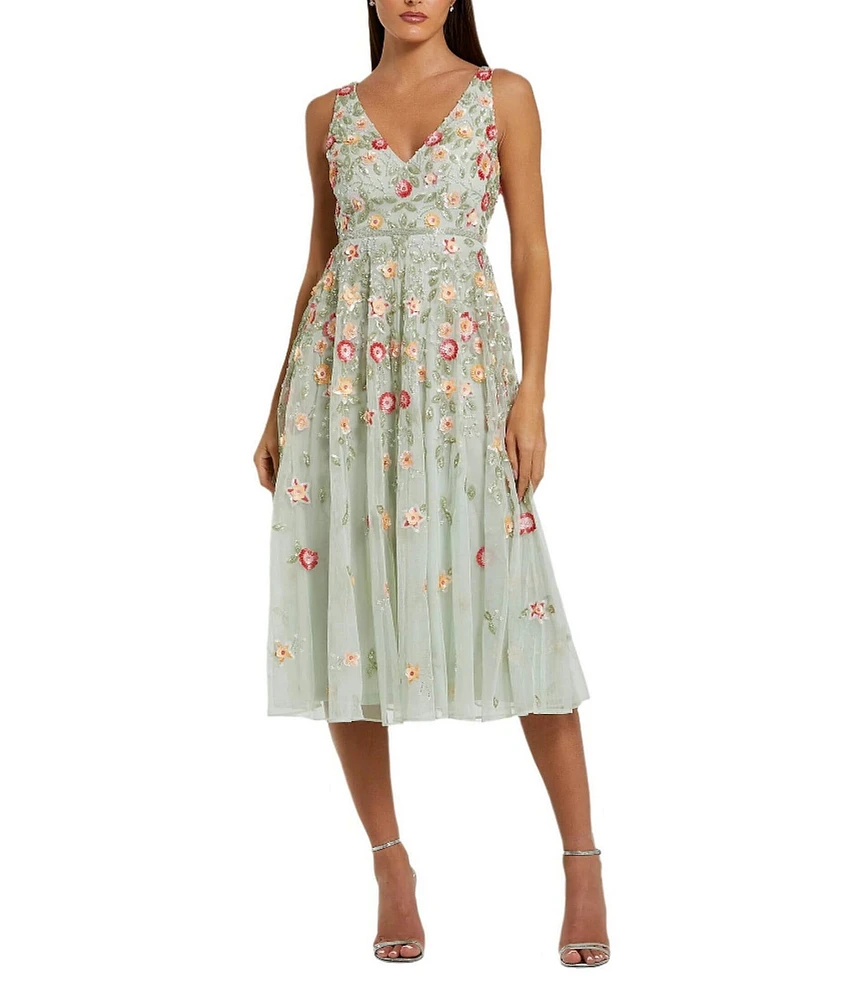 Mac Duggal Beaded V-Neck Sleeveless A-Line Midi Dress