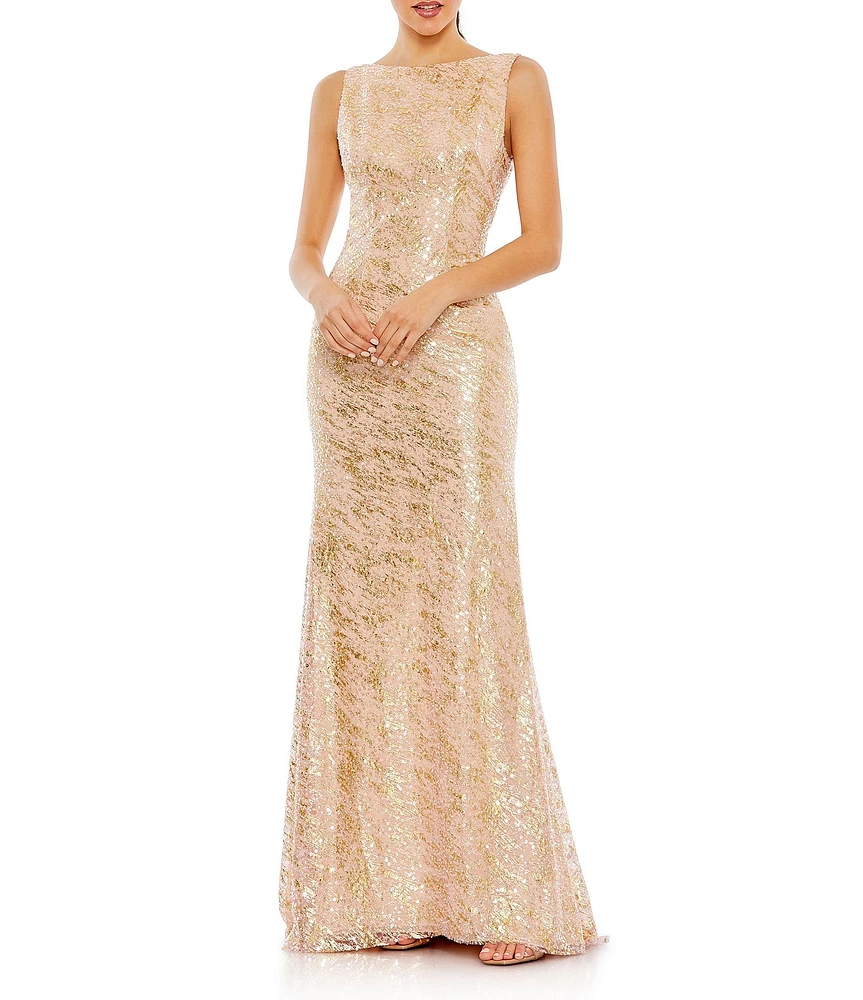 Mac Duggal Boat Neck Sleeveless Sequined Mesh Column Gown