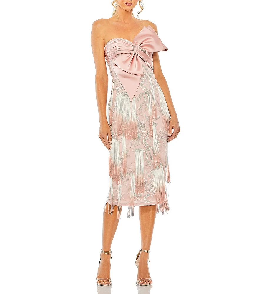 Mac Duggal Bow Front Ombre Fringe Embroidered Sheath Dress
