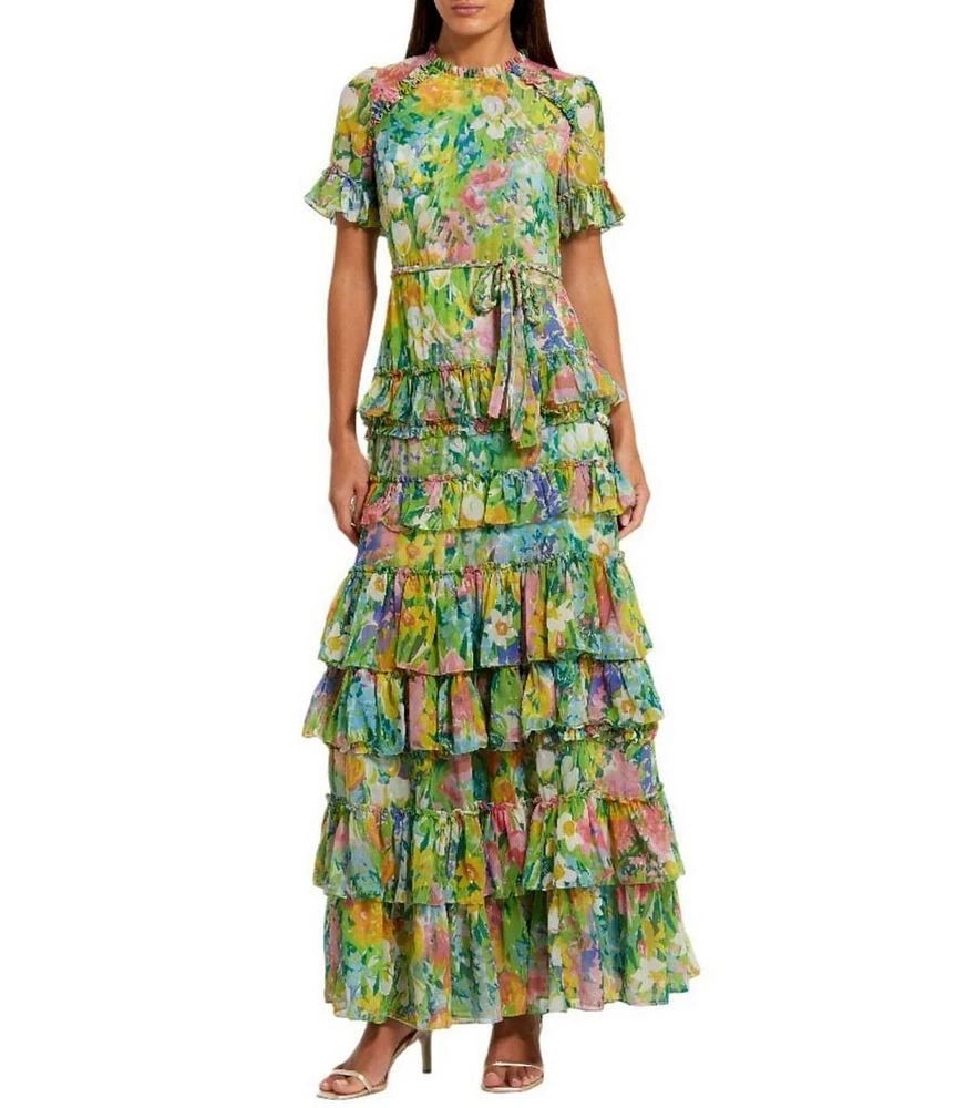 Mac Duggal Chiffon Floral Print Crew Neck Short Sleeve Ruffle Waist Tie Gown