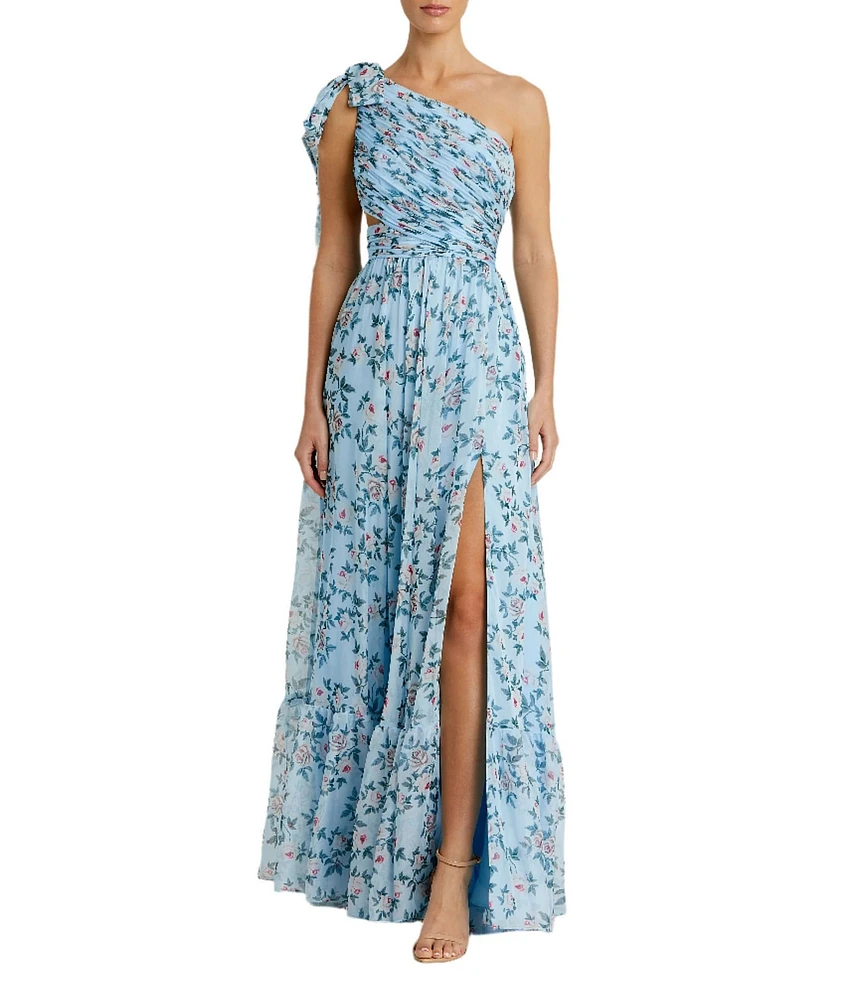 Mac Duggal Chiffon Floral Print One Shoulder Neck Sleeveless Bow Detail Gown