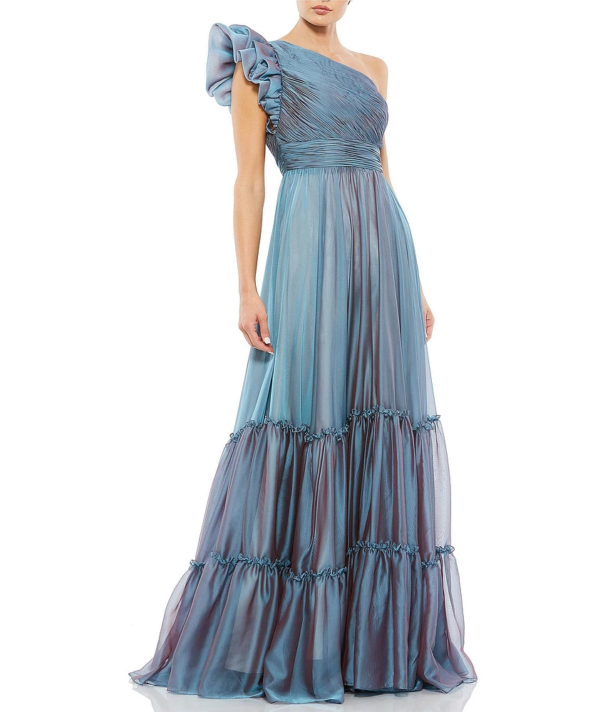 Mac Duggal Chiffon Ruched One Shoulder Flutter Sleeve Tiered Gown