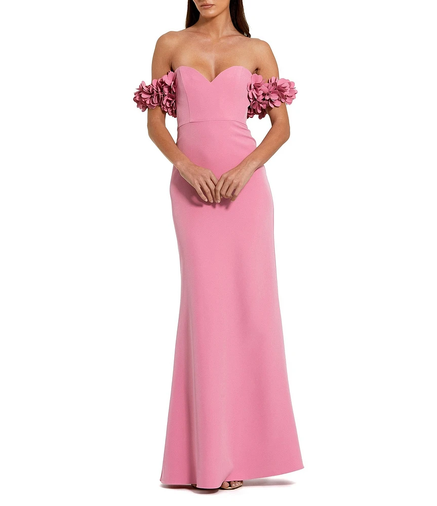 Mac Duggal Crepe Off-The-Shoulder Neck Draped Sleeve 3D Flower Gown