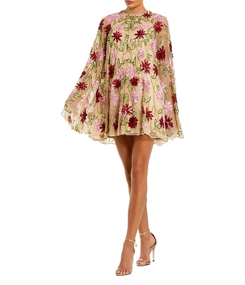 Mac Duggal Crew Neck Long Bell Sleeves Beaded Floral Mesh Shift Mini Dress