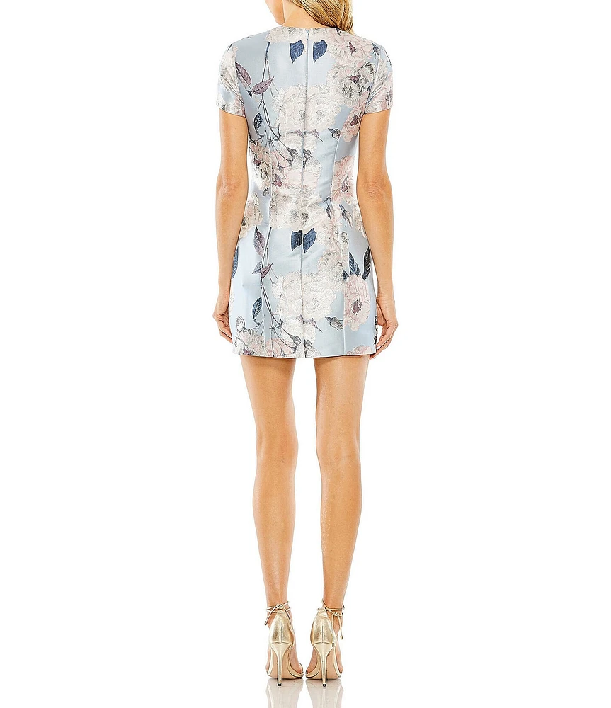 Mac Duggal Crew Neck Short Sleeve Floral Print Mikado Sheath Mini Dress