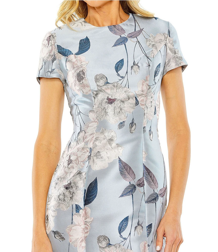 Mac Duggal Crew Neck Short Sleeve Floral Print Mikado Sheath Mini Dress