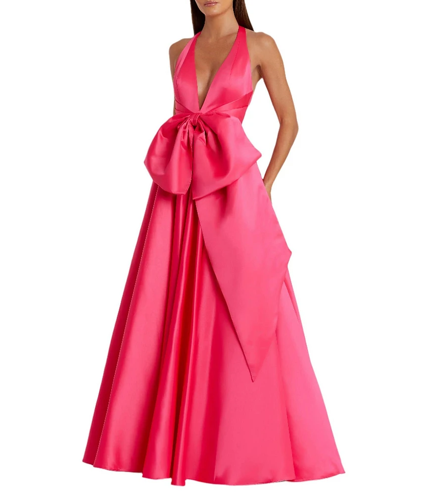 Mac Duggal Deep V Halter Neck Bow Front Satin Ballgown