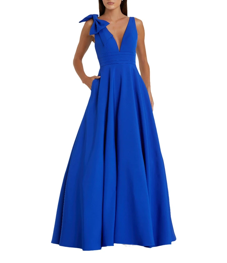 Mac Duggal Deep V-Neck Bow Shoulder Crepe Ballgown
