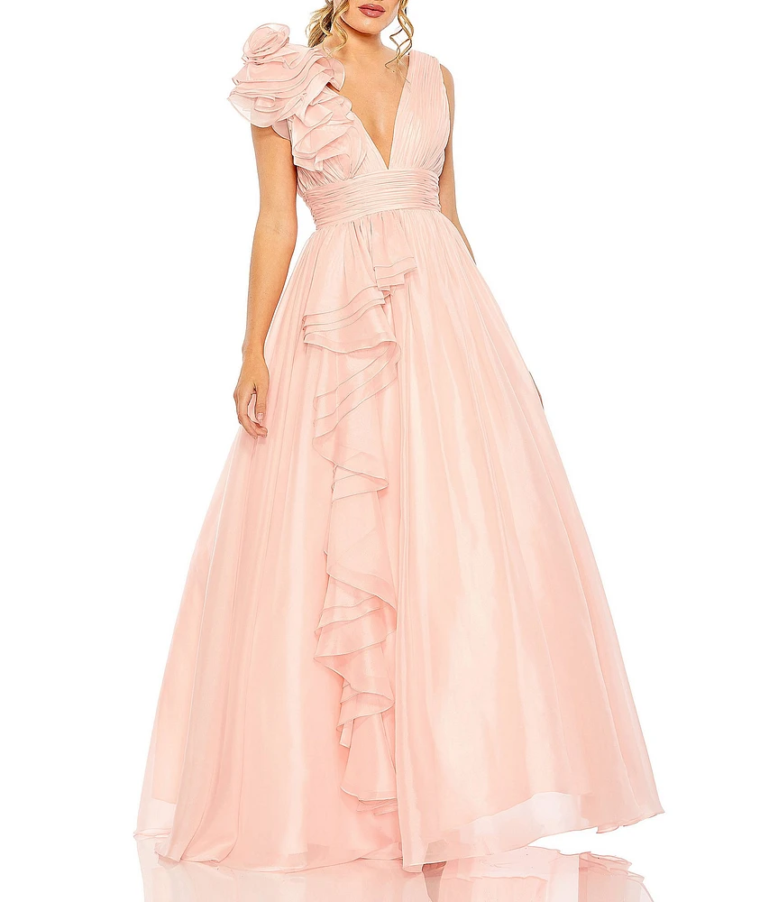 Mac Duggal Deep V-Neck Sleeveless Ruffled Shoulder Ball Gown