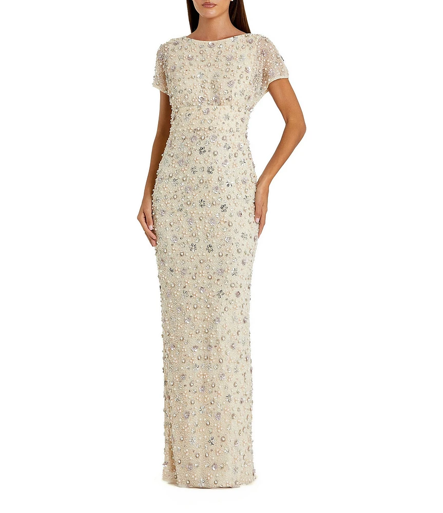 Mac Duggal Embellished Floral Mesh Boat Neck Short Sleeve Blouson Gown