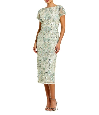 Mac Duggal Embellished Mesh Floral Crew Neck Short Sleeve Sheath Midi Dress