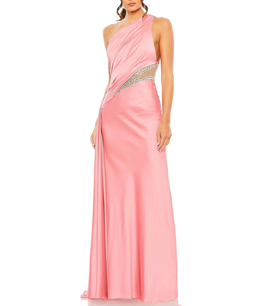 Mac Duggal Embellished Mesh Inset Satin Ruched One Shoulder Sleeveless Draped Gown