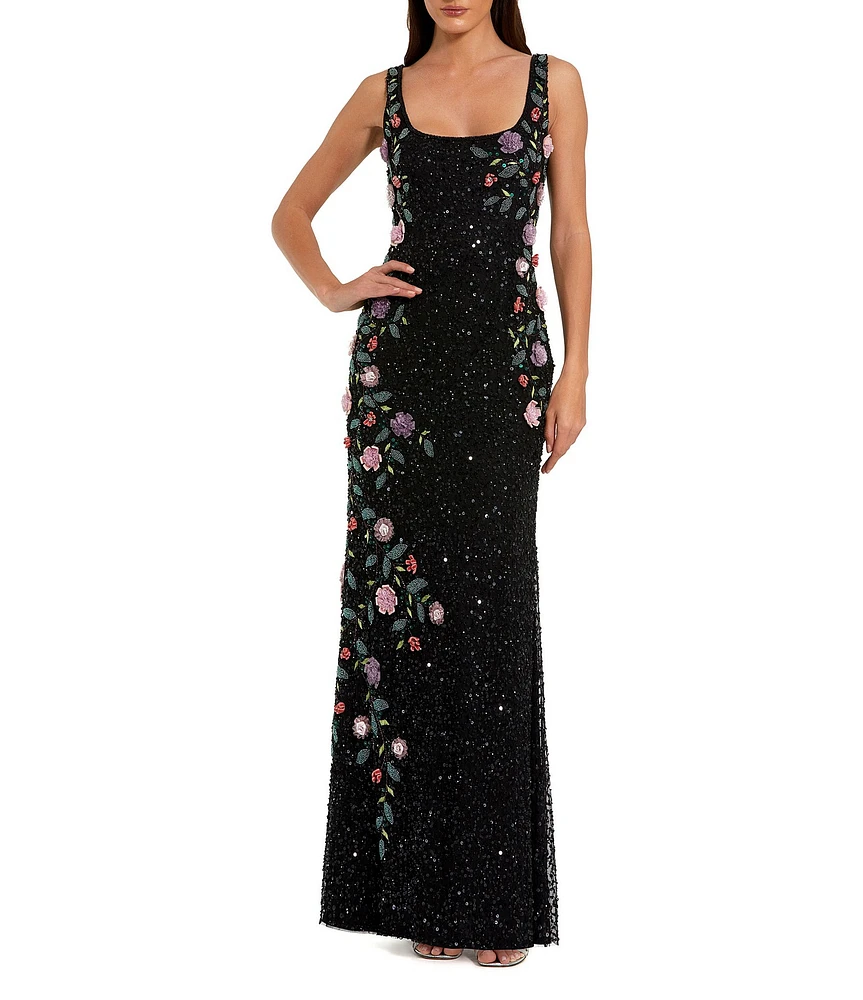 Mac Duggal Embellished Mesh Square Neck Sleeveless 3D Flower Gown