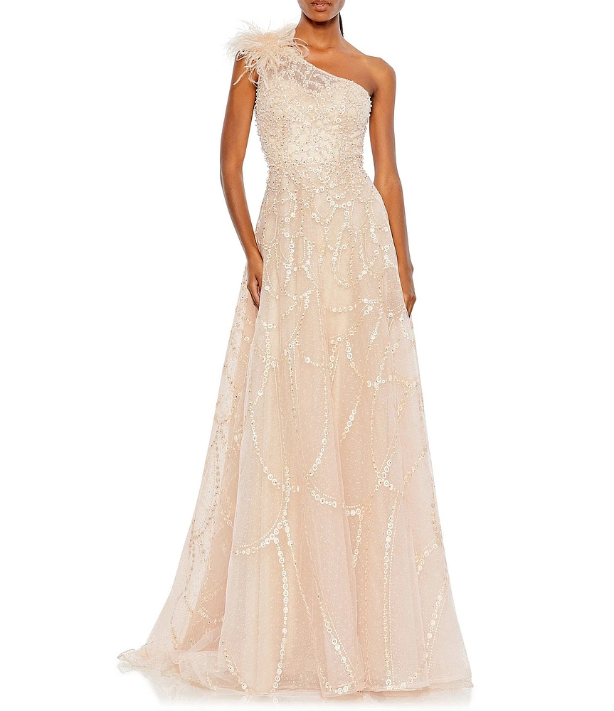 Mac Duggal Embellished Asymmetrical Neck Sleeveless Feather Shoulder A-Line Gown