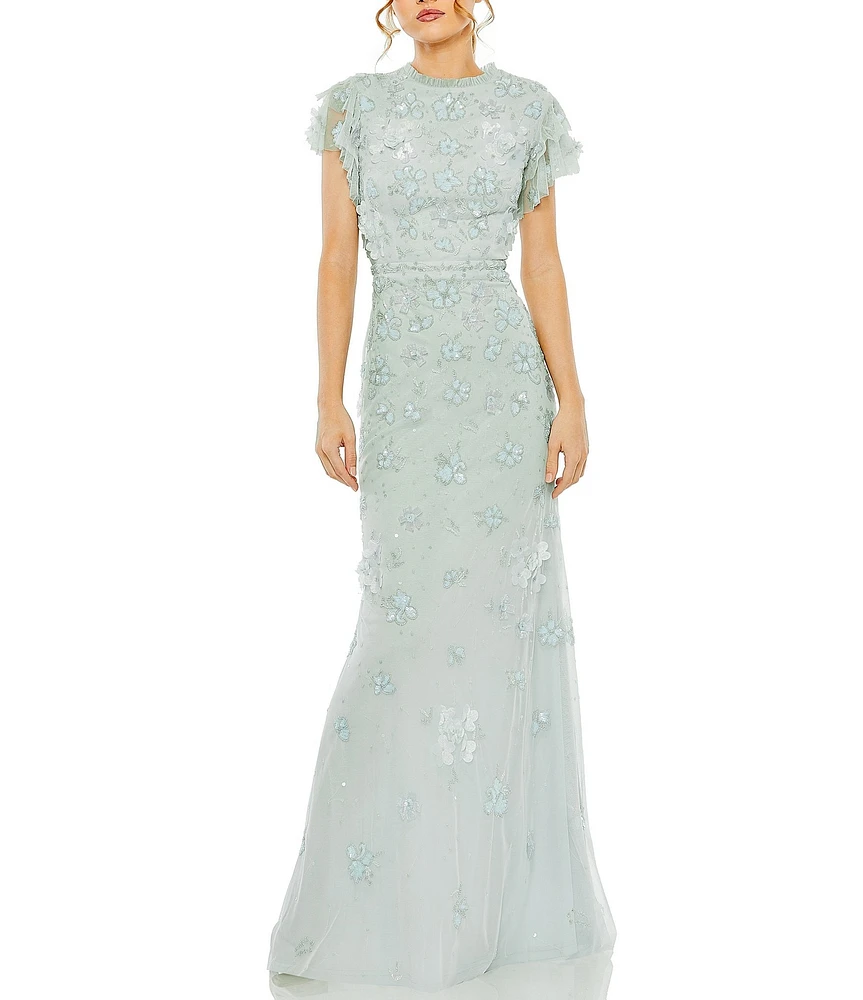 Mac Duggal Floral Embellished Mesh Crew Neck Short Flutter Sleeve Gown