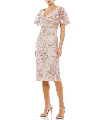 Mac Duggal Floral Embellished Mesh V-Neck Flutter Short Sleeve Sheath Dress