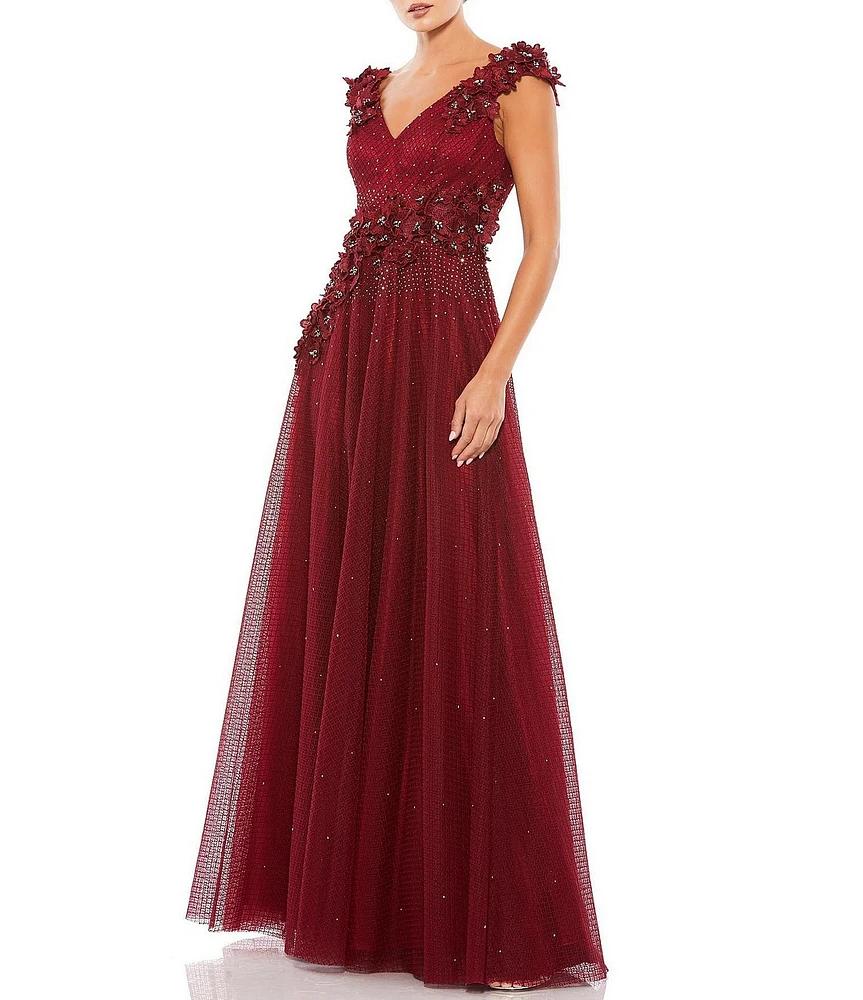 Mac Duggal Floral Jeweled Embellished V-Neck Sleeveless A-Line Gown
