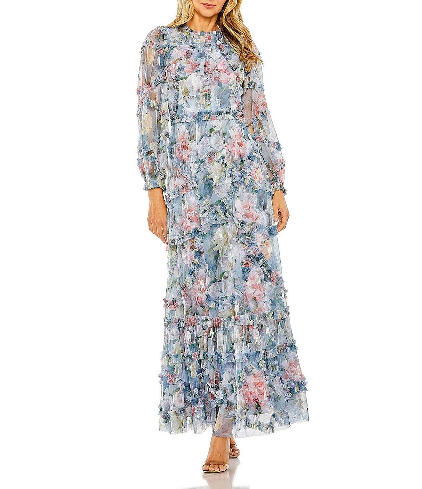 Mac Duggal Floral Print Chiffon High Neck Long Sleeve Ruffle Tiered A-Line Maxi Dress
