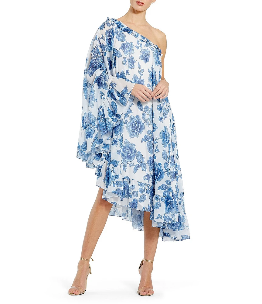 Mac Duggal Floral Print One Shoulder Cape Midi Dress