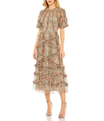 Mac Duggal Floral Print Ruffle Embellished Short Flutter Sleeve Crew Neck Midi Dress