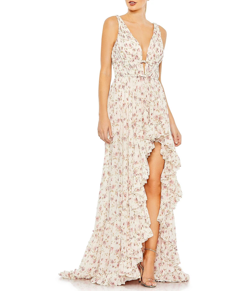 Mac Duggal Floral Print Sleeveless Ruffle Tiered High-Low Plunging V-Neck Gown