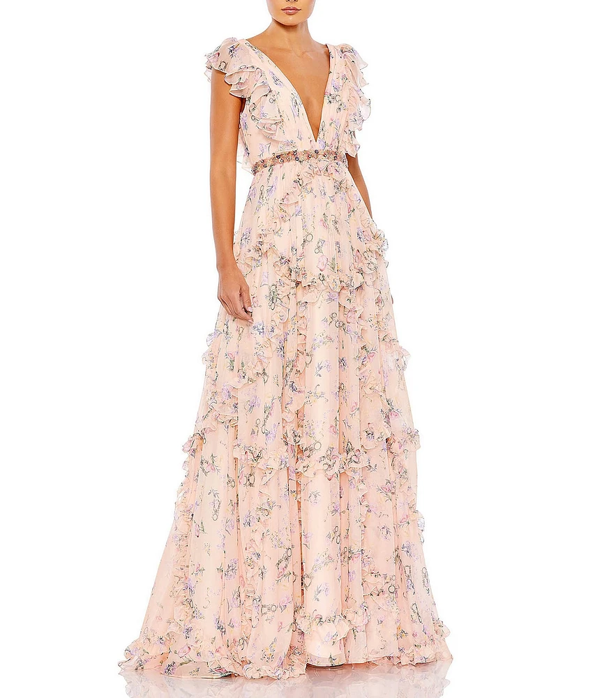 Mac Duggal Floral Print Tiered Ruffle Hem Deep V-Neck Sleeveless Embellished Waist Open Back Gown