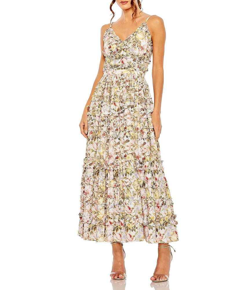 Mac Duggal Floral Print V-Neck Spaghetti Strap Ruffle Embellished A-Line Maxi Dress