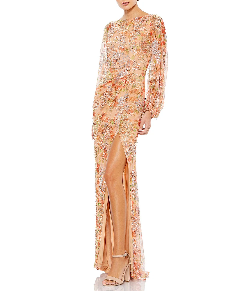 Mac Duggal Floral Print Sequin Boat Neck Long Sleeve Front Slit Gown