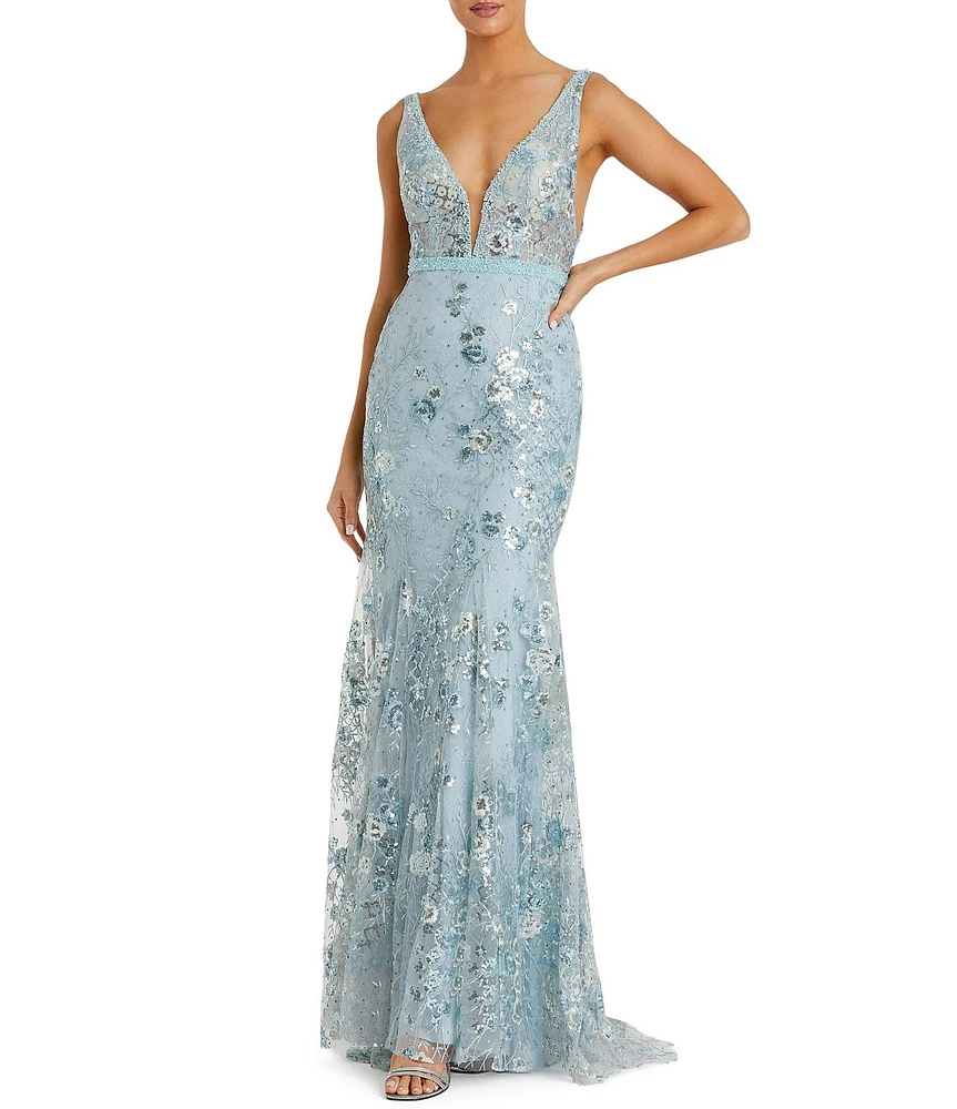 Mac Duggal Floral V-Neck Sleeveless Low Scoop Back Detail Sheath Gown