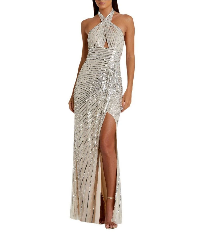 Mac Duggal Halter Keyhole Neck Sequin Front Slit Column Gown