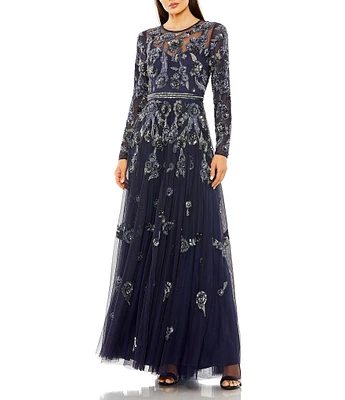 Mac Duggal Illusion Neck Sheer Long Sleeve Floral Beaded Aline Mesh Gown