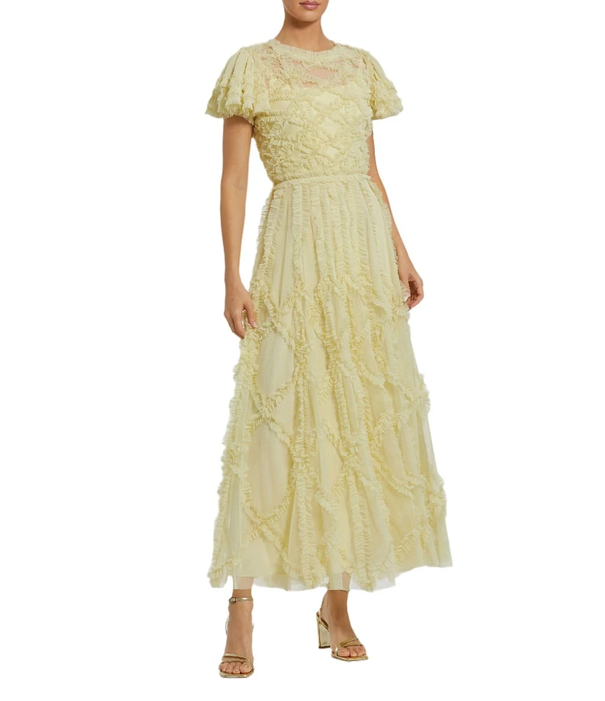 Mac Duggal Illusion Neck Short Flutter Sleeves Micro Ruffle Mesh A-Line Midi Dress