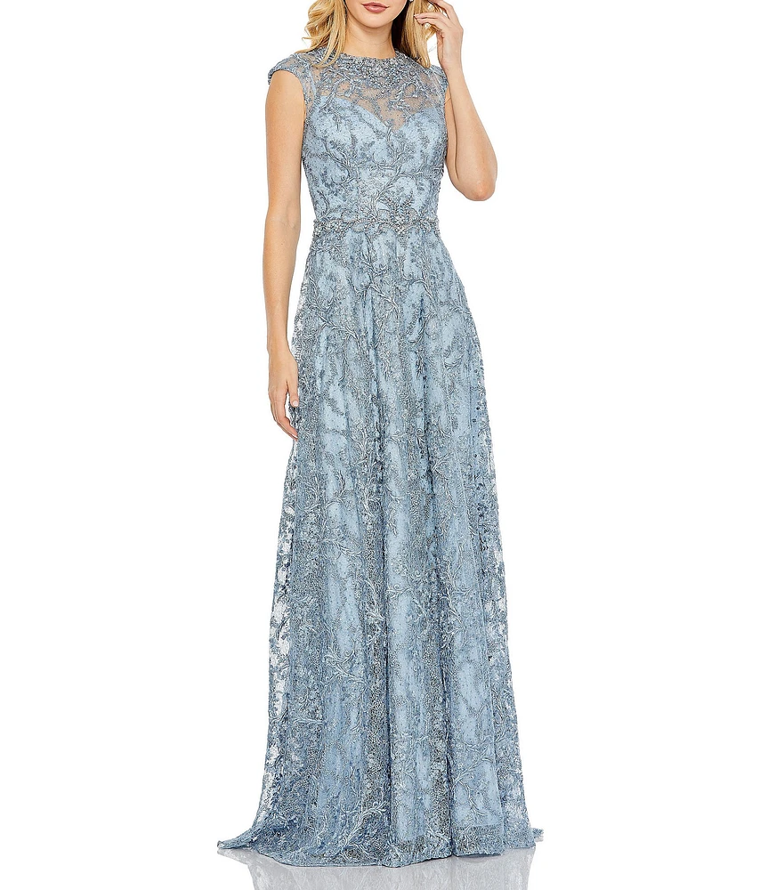 Mac Duggal Illusion Round Neck Cap Sleeve Embroidered Mesh Aline Gown